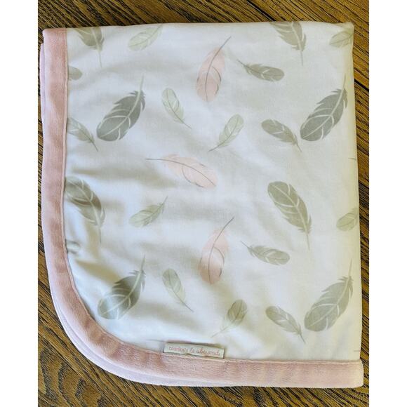 BLANKETS & BEYOND Pink Gray Feathers Leaves Baby Blanket Soft White 28x32” Plush - Picture 6 of 10